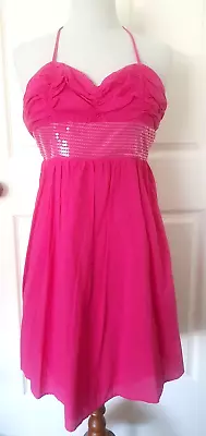 $40 • Buy Forever New Size 6 100% Cotton Hot Pink Halter Neck Fit & Flare Sequin Dress