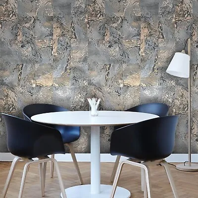 Rustic Gray Beige Cream Gold Metallic Faux Stone Plaster Tile Textured Wallpaper • $4.35
