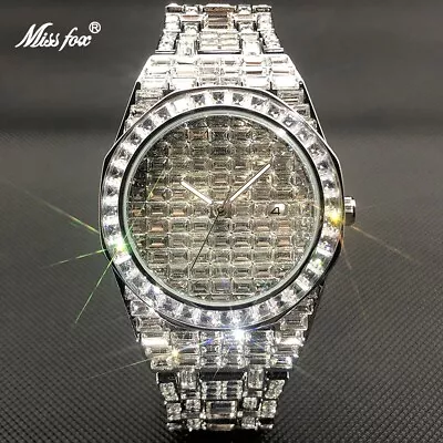 MISSFOX Men's Fully Ice Out Watch Bling Diamond Stainless Steel Luxury Gift NEW • £78.99