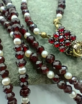 Magnificent Original Antique Hand-Cut Bohemian Garnet Pearl Beads Necklace  • $199