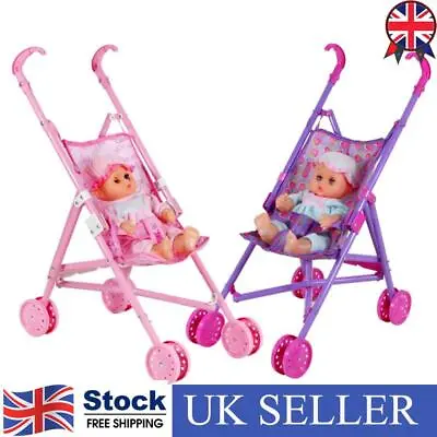 Simulation Doll Stroller With Doll Toys Baby Pushchair Trolley Pretend Play Toy  • £10.31