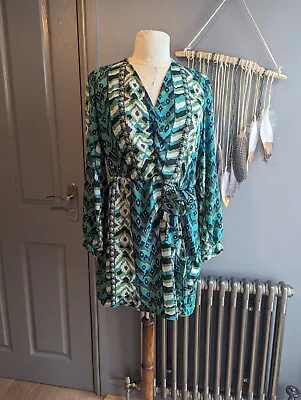 Zara Mock Wrap Mini Dress Green Aztec Ethnic Print Worn Once VGC Size Large • $24.85