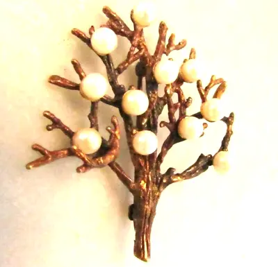 Vintage Brooch TREE OF LIFE Pin Faux Pearl Fruit Copper Tone Textured Branches • $12.80