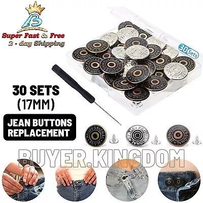 Button Pins For Jeans 17 MM Replacement Instant Pants Button With Rivets 30 Sets • $15.74