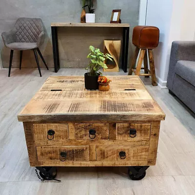 Industrial Style Coffee Table Wheels Drawers Storage Metal Legs Rustic Wooden • £285.99