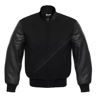 Varsity Jacket For Men Letterman Baseball Jacket Outdoor All Black Wool Leather • $99.99