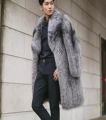 Men's Warm Fur Coat Long Jacket Faux Fox Fur Collar Outwear Oversized Ovecoat • $95.39