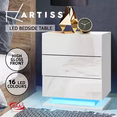 Artiss Bedside Tables 3 Drawers Side Table RGB LED Gloss Nightstand White MORI • $82.95