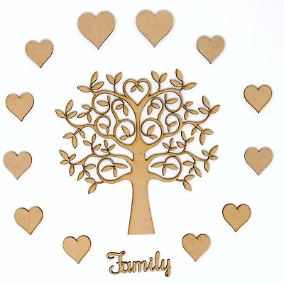 Wooden MDF Tree Set Inc. 12 Free Hearts And Family Word - Craft Blank Shape • £3.95