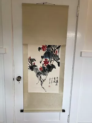 Vintage Chinese Hanging Watercolor Painting Scroll Flowers On A Branch Signed • $59.95