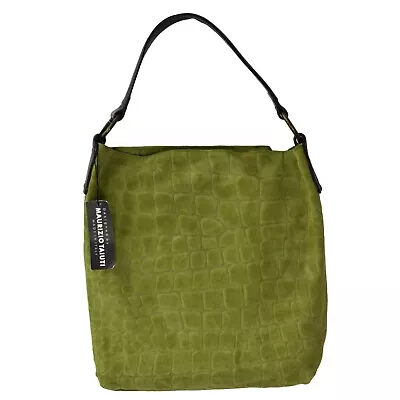 Maurizio Taiuti Leather Tote Shoulder Bag Embossed Green Suede Made In Italy • $99.99