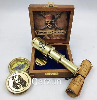 Captain Jack Sparrow Brass Compass With Mini Fold Telescope Map In Wood Box Kit • £47.10