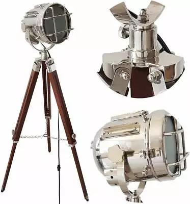 Nautical Chrome Finish Searchlight Vintage Wooden Floor Standing Tripod Stand  • $196.90