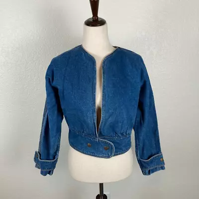Vintage Collarless V-neck Cropped Dolman Sleeve Denim Jacket Women’s S • $55