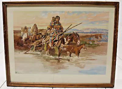 Framed Watercolor Print Art  Squaws Travois  By C M Russell And Penn Prints 1958 • $36.64