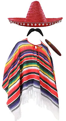 Mexican Poncho Sombrero Cigar Mens Mexico Fancy Dress Costume Stag Party Outfit • £20.99