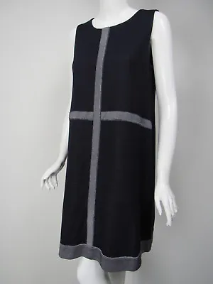 MISOOK Midnight Blue White Raised Trim Acrylic Double Knit A-Line Dress Sz S • $32