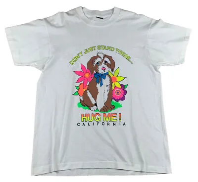 Vintage 'Hug Me California' Neon Puppy Graphic Single Stitch T-Shirt Men's XL • $19.99