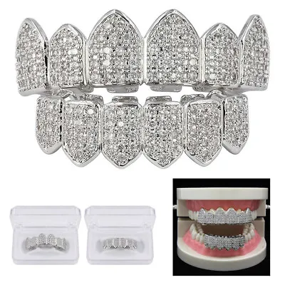 2X Silver Plated Bling Bling Cubic Zirconia Top & Bottom Mouth Teeth USA • $14.26