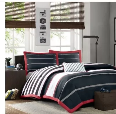 Mi Zone Comforter Set Full/Queen Size 4-Piece Stripes Red Black White  • $39.95