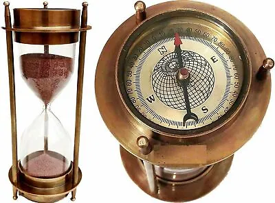 Vintage Nautical Hourglass With Bottom Compass Brass Finish Sand Timer For Decor • $26.03