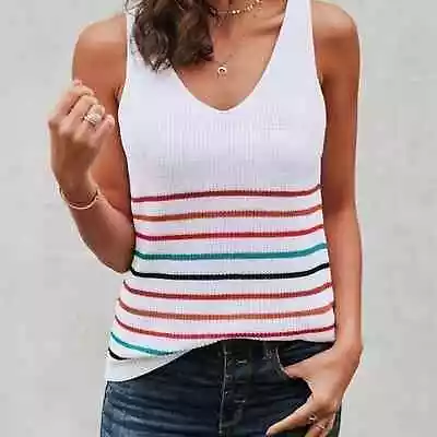 NEW NWT Boutique White Multi Colored Stripe V-Neck Sleeveless Sweater Large • $29