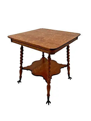 Antique Victorian Table  Bottom Shelf Oak Barley Twist Legs Glass Ball Claw Feet • $1195