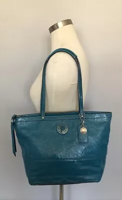 COACH Signature C Embossed Tote Teal Patent Leather Top Zip E1275-F19198 GUC • $47