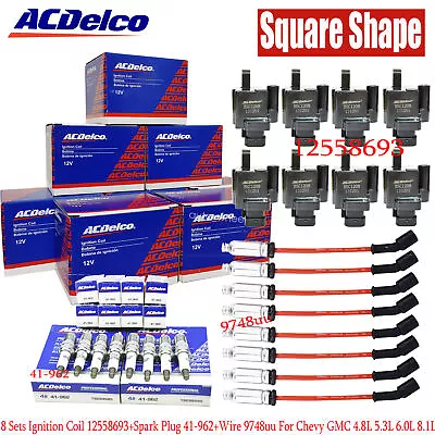 Genuine 8Pack Square Ignition Coil+Spark Plug+Wire For Chevy GMC 4.8L 5.3L 6.0L • $198.99