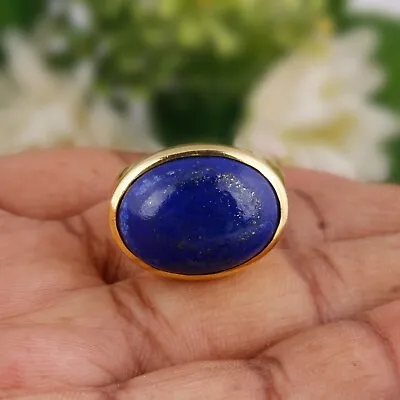 Huge Oval Lapis Lazuli Dome Ring 925 Sterling Silver Gold Men's Chunky Ring Gift • $59.12