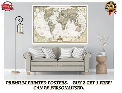 £3.68 • Buy Vintage World Map Atlas Large Poster Art Print Personalised A0 A1 A2 A3 A4 Maxi