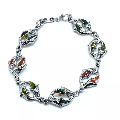 Vintage Silver Tone Dolphin Bracelet With Abalone Shell Inlay Fold Over Clasp • $7.97