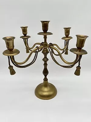 Vintage Brass 4 Arm 5 Candle Candelabra Brass Twist Rope & Tassel Detail • $45