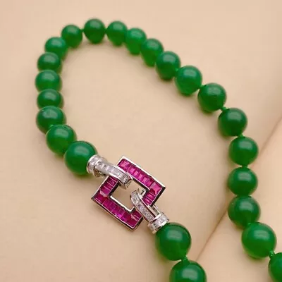 Green Jade Necklace Fuchsia Cz Pave Clasp Jewelry Gifts Women Men Jewelry Gift • £16.25