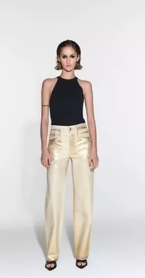 Zara ZW MID Rise Boyfriend Wide Leg Metallic Gold Jeans Uk Size 8 XS EU 36 • £19.99