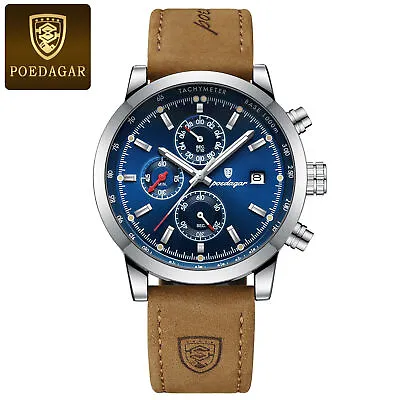 Luxury Mens Watch Waterproof Luminous Date Chronograph Leather Quartz Wristwatch • £15.99