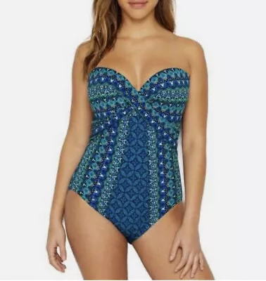 Miraclesuit Sz 14 Blue Mosaica Print Seville Strapless Bandeau Swimsuit • $37.99