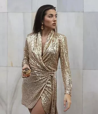 ZARA FW21 GOLD SEQUIN Wrap DRESS BLAZER Mini Party Cocktail 2251/028 M NWT • $60