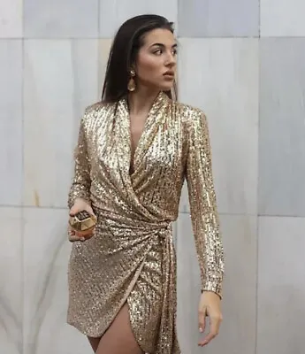 ZARA FW21 GOLD SEQUIN Wrap DRESS BLAZER Mini Party Cocktail 2251/028_S-XL NWT • $79