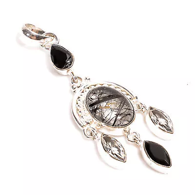 Black Rutile Quartz Crystal Fashion Jewelry 925 Silver Pendant 2.6  ARP-1866 • $7.99