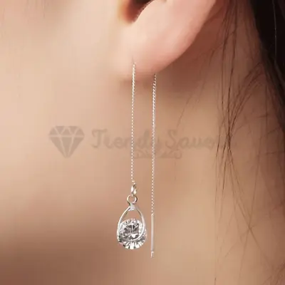 925 Sterling Silver Cubic Zirconia Gold Silver Long Chain Threader Drop Earrings • £3.99