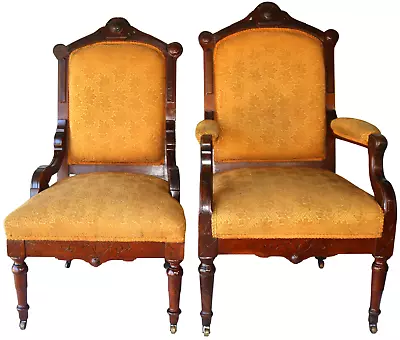 Antique Victorian Eastlake Mahogany Upholstered Parlor Chairs Pair ~ $0 Shipping • $989.89