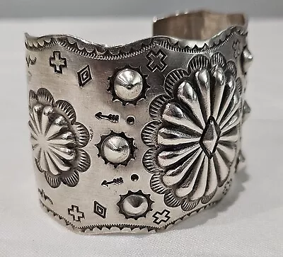 Native American Stamp Design J Sterling Silver Cuff Bracelet 50.8 Mm Wide 68.8g • $295