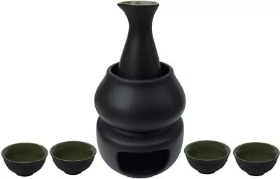 Hot Sake 7pcs Set 1 Candle Stove 1 Warming Mug 1 Sake Pot And 4 Sake Cups Black • $64.95