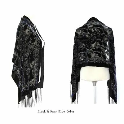 Elegant Black & Blue Color Vintage Silk Burnout Velvet  Shawl Wrap Scarf • $19.99