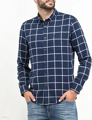 LEE Jeans Men's Button Down Flannel Shirt - Medieval Blue Check - LARGE L • £6.99