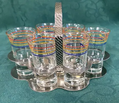 7 Piece Shot Glass Set With Aluminum Tray/Holder Vintage Very Good Condition • $45