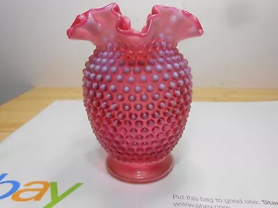 VINTAGE FENTON GLASS VASE CRANBERRY OPALESCENT HOBNAIL 7.5in H RUFFLED RIM • $55.99