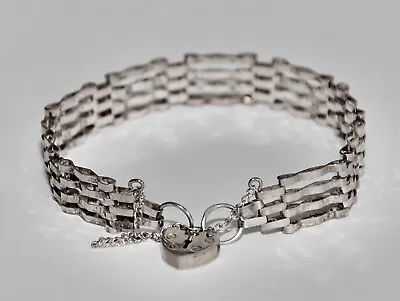 Ladies 925 Solid Sterling Solid Silver 7.00   4 Bar Gate Bracelet & Padlock • £32.99