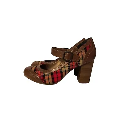 Mudd Red Plaid Chunky 90's Y2K School Girl Mary Jane Heels Women's Size 8.5M • $12